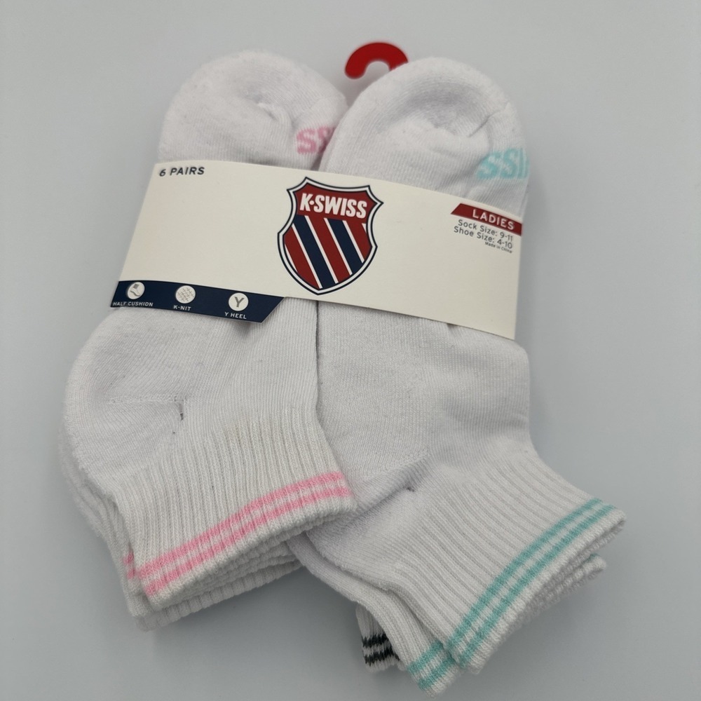 K-Swiss Womens Ankle Socks Size 9-11 Shoe Size 4-10 Cushioned Sole Y Heel 6 Pair
